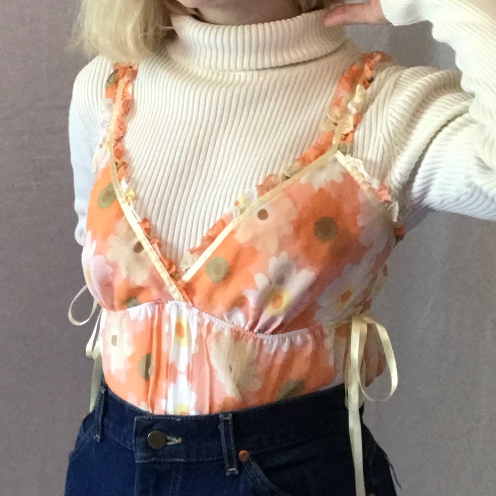 orange floral sheer tank top camisole